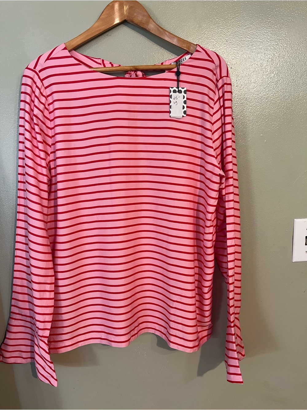 Pieces Striped Long-Sleeve Tee - Pink/Red Bell Sleeves Rayon Boho L NWT